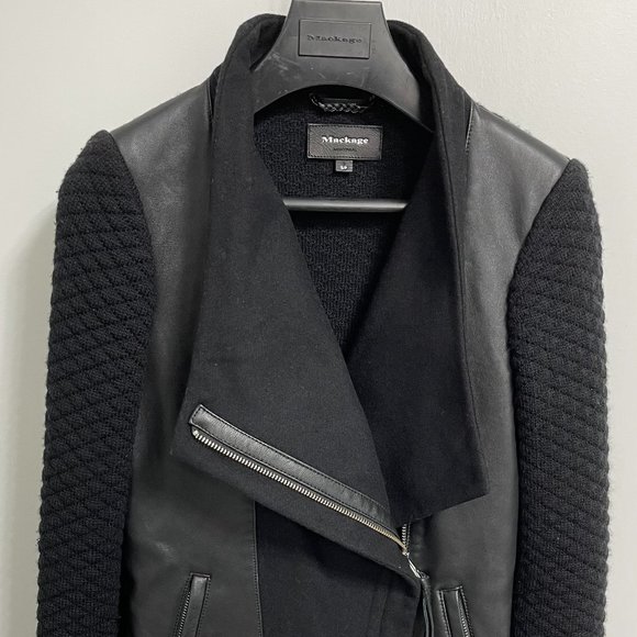 Mackage - Wool and Leather Jacket with Quilted Knit Sleeves - Size S - Picture 1 of 9